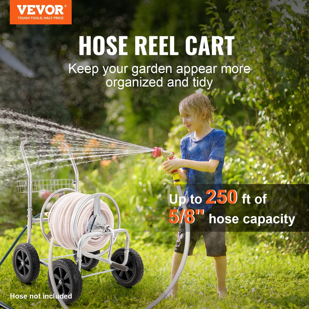 2026 NewVEVOR Hose Reel Cart, Hold Up to 250 ft of 5/8???? Hose, Garden Water Hose Carts Mobile Tools with 4 Wheels, Heavy Duty Powder-coated Steel Outdoor Planting with Storage Basket, for Garden, Yard, Lawn