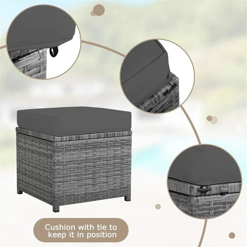 2026 New7 Pcs Rattan Patio Dining Furniture Sectional Sofa Set with Dining Table, Ottomans & Cushions