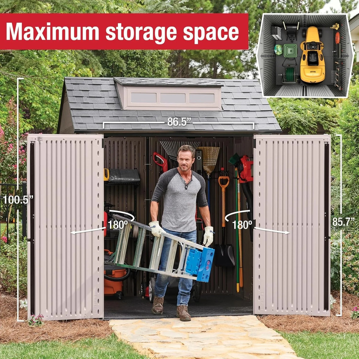 2026 NewRubbermaid resin garden shed with floor (2.13 x 2.13 m), weatherproof, grey, for storing garden tools, lawnmowers, bicycles and pool accessories