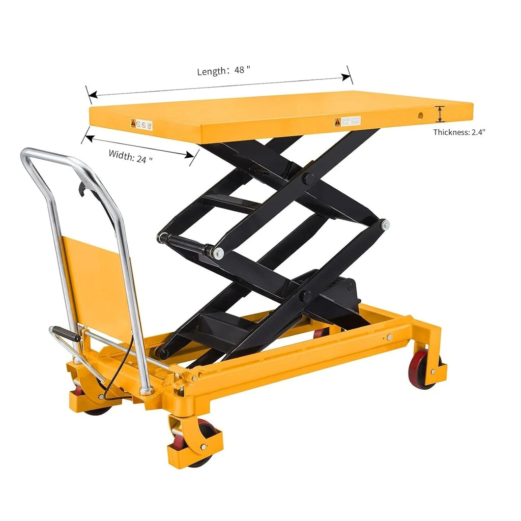 2026 NewHydraulic lifting table trolley – load capacity 350 kg, maximum height 130 cm, double scissor lift table with safety device and 4 wheels