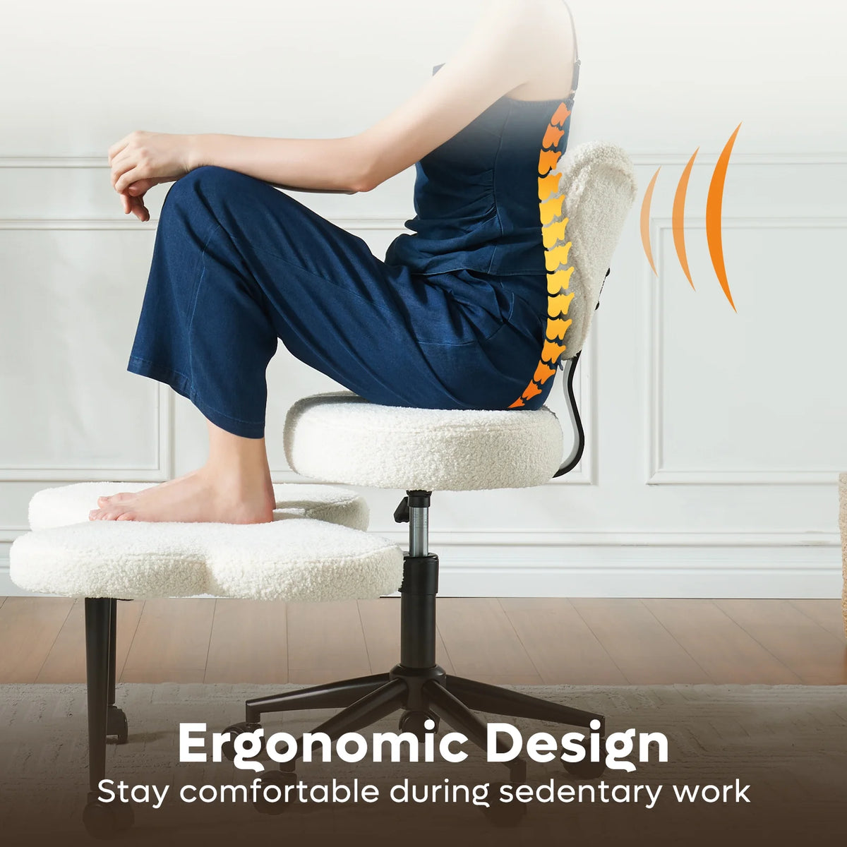 2026 NewPinmoco Ergonomic Cross Legged Swivel Chair, Adjustable Height and Teddy Fabric, Meditation& ADHD Chair with Back Support, Home and Office, Off White