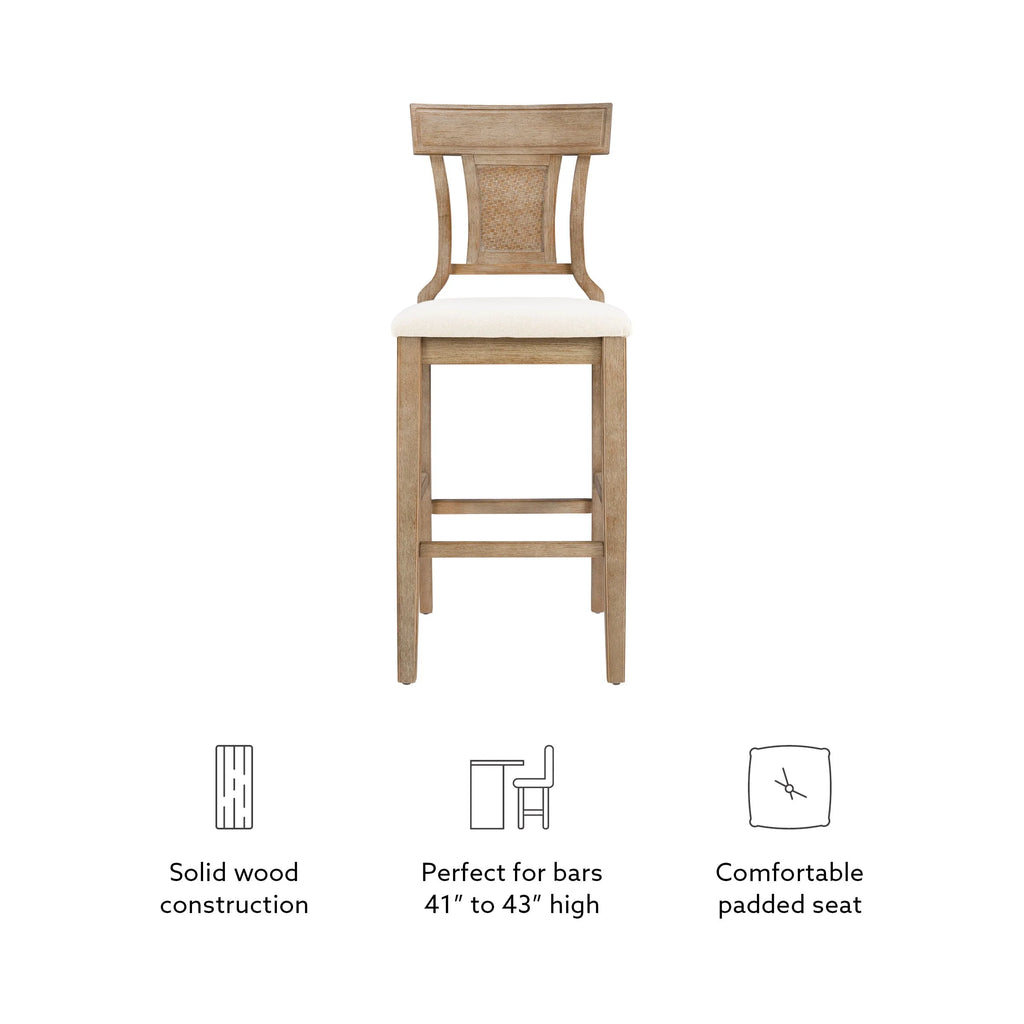 2026 NewLinon Rylan 30" Bar Stool, Rustic Brown Finish with Beige Fabric