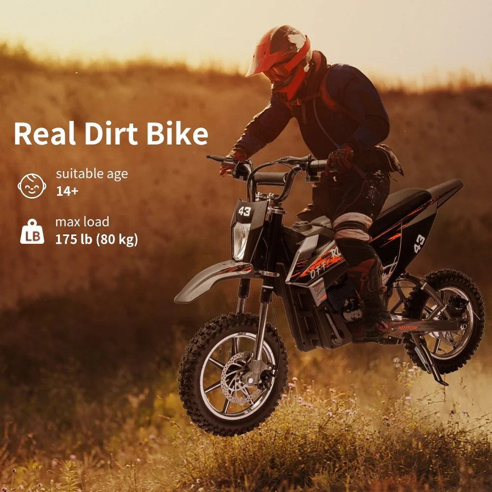 2026 NewElectric Dirt Bike for Kids,36V Ride on Motorcycle,Up to 15.5MPH,350W Brushless Motor,LED Headlight,Leather Seat,Front and Back Brakes,Electric Motorcycle for Kids Age 8-16,Max Load 175lbs