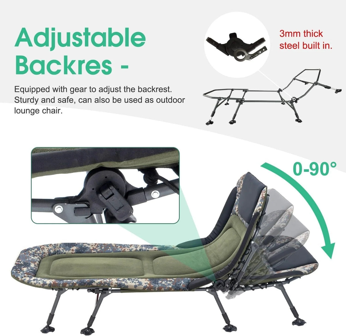2026 NewCamping Cots for Adults 330Lbs with Carry Bag, Heavy Duty Folding Bed with Soft Padded Cushion, Portable Military Cot for Hunting, 180° Adjustable Reclining Outdoor Lounger
