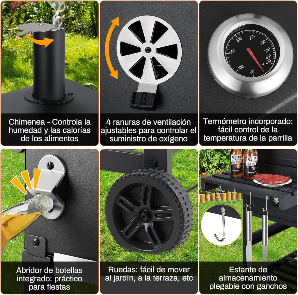 2026 Barbacoa de Carbon XXL, Parrilla de Carbón con Chimenea y Tapa, Parrilla con Carrito BBQ Smoker con Ruedas y Termómetro, Grande BBQ Carbon para Camping y Jardín