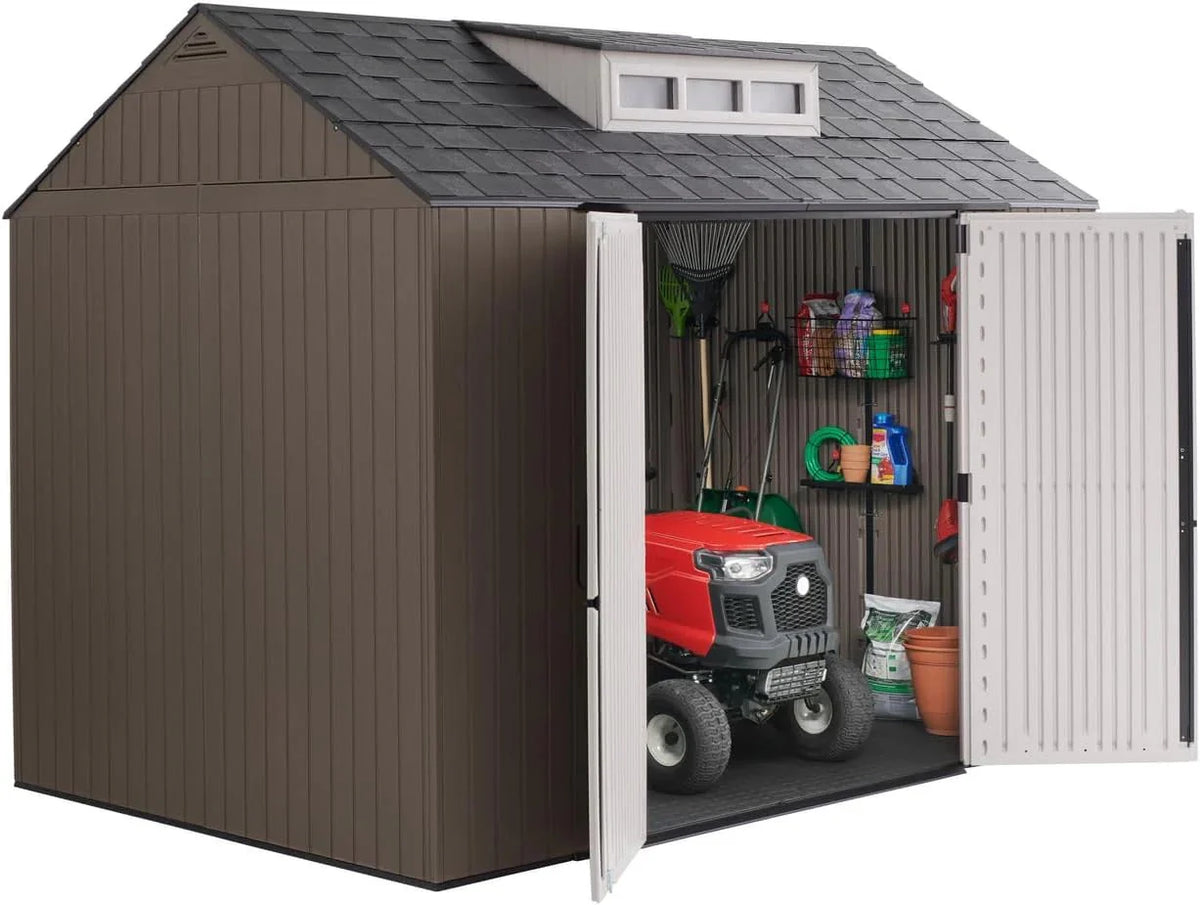 2026 NewRubbermaid resin garden shed with floor (2.13 x 2.13 m), weatherproof, grey, for storing garden tools, lawnmowers, bicycles and pool accessories