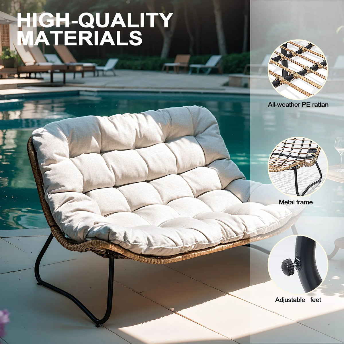 2026 NewCrestlive Products Patio Loveseat, All-Weather Rattan Large Furniture with Soft Cushions, Outdoor Loveseat for Balcony, Poolside, Backyard (Beige)