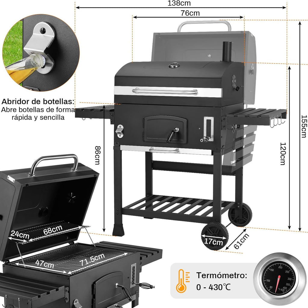 2026 Barbacoa de Carbon XXL, Parrilla de Carbón con Chimenea y Tapa, Parrilla con Carrito BBQ Smoker con Ruedas y Termómetro, Grande BBQ Carbon para Camping y Jardín