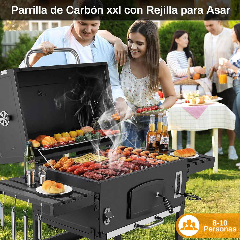 2026 Barbacoa de Carbon XXL, Parrilla de Carbón con Chimenea y Tapa, Parrilla con Carrito BBQ Smoker con Ruedas y Termómetro, Grande BBQ Carbon para Camping y Jardín