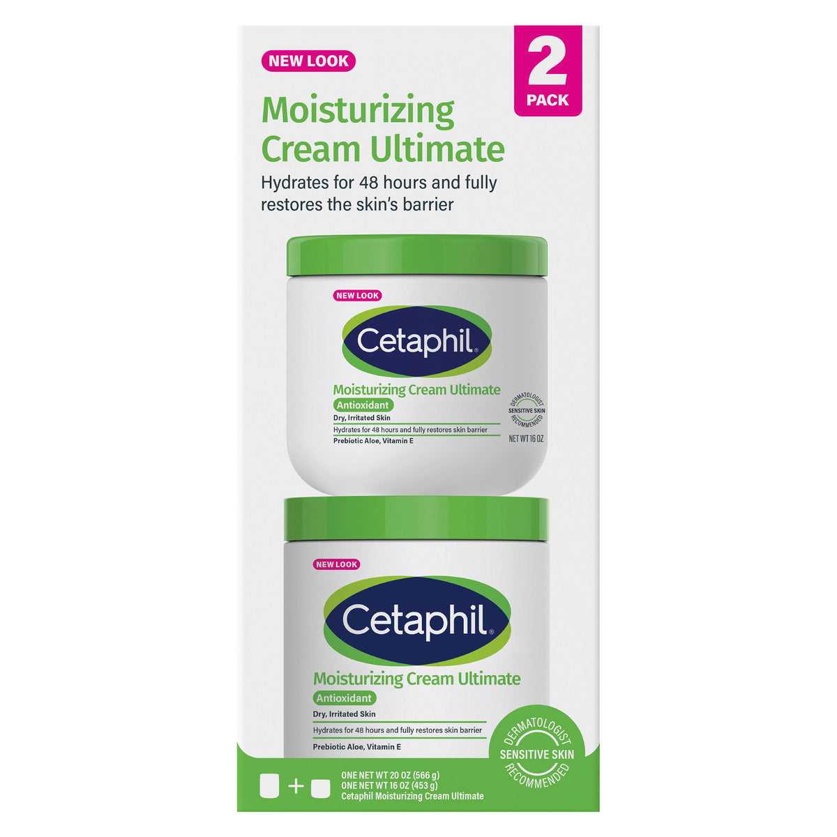 2026 NewCetaphil Moisturizing Cream Ultimate with Prebiotic Aloe, Very Dry to Dry Sensitive Skin, 20 oz + 16 oz, 2-pack