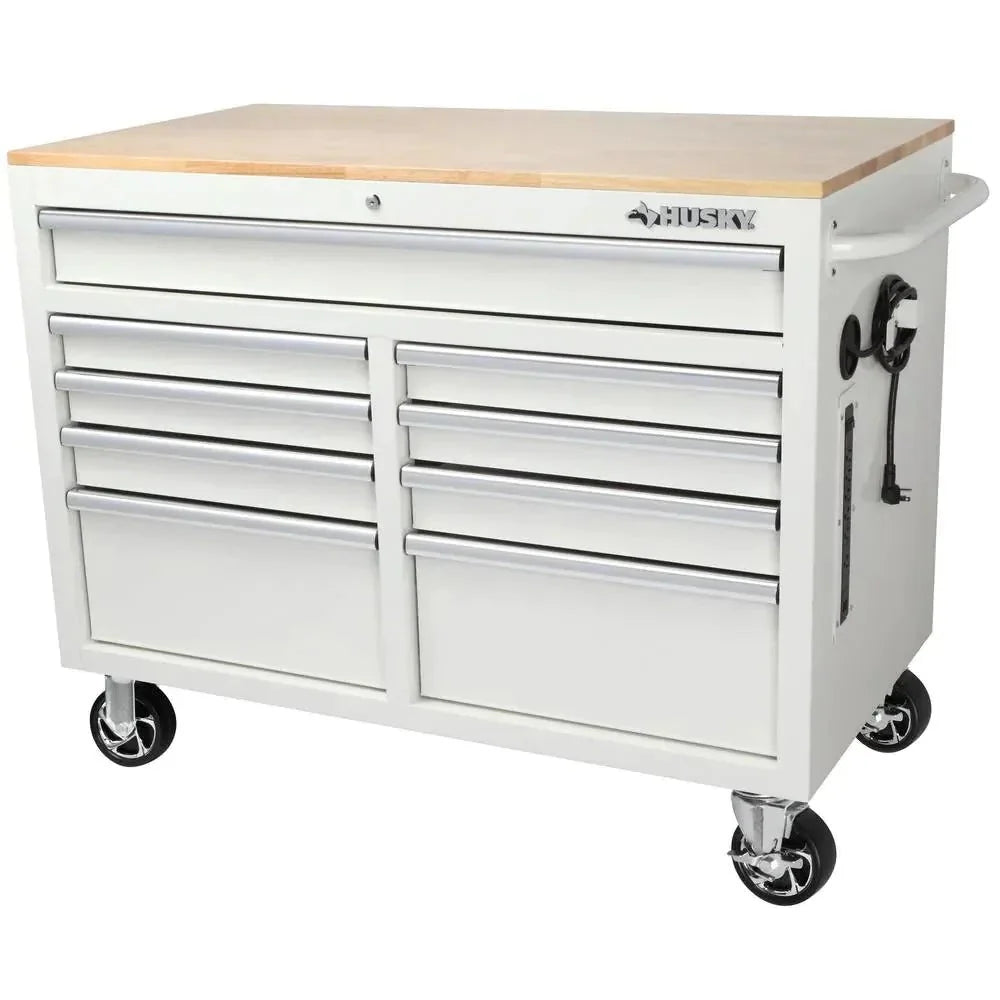 2026 NewMobile workbench with 9 drawers, hardwood top and power connection, 117 cm W x 62 cm D – high-gloss black
