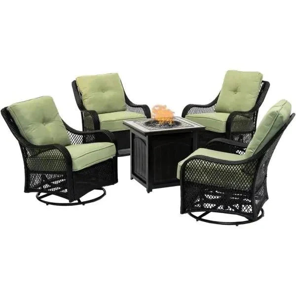 2026 New2025 5-piece steel patio fire pit seating set with navy blue cushions, swivel gliders and square fire pit table