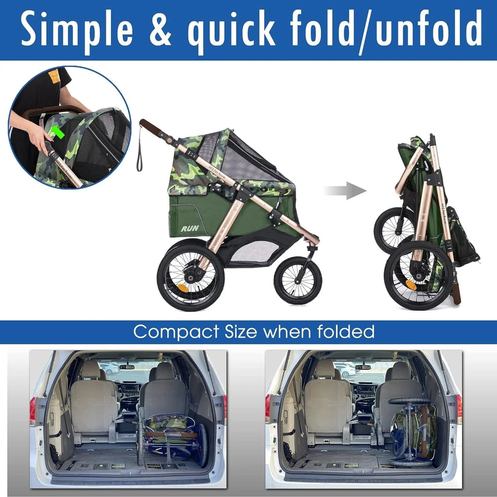 2026 NewJogging Sports Stroller with Comfort Rubber Wheels/Zipper-Less Entry/1-Hand Quick Fold/Aluminum Frame for Small/Medium Dogs, Cats and Pets (Green Camo)