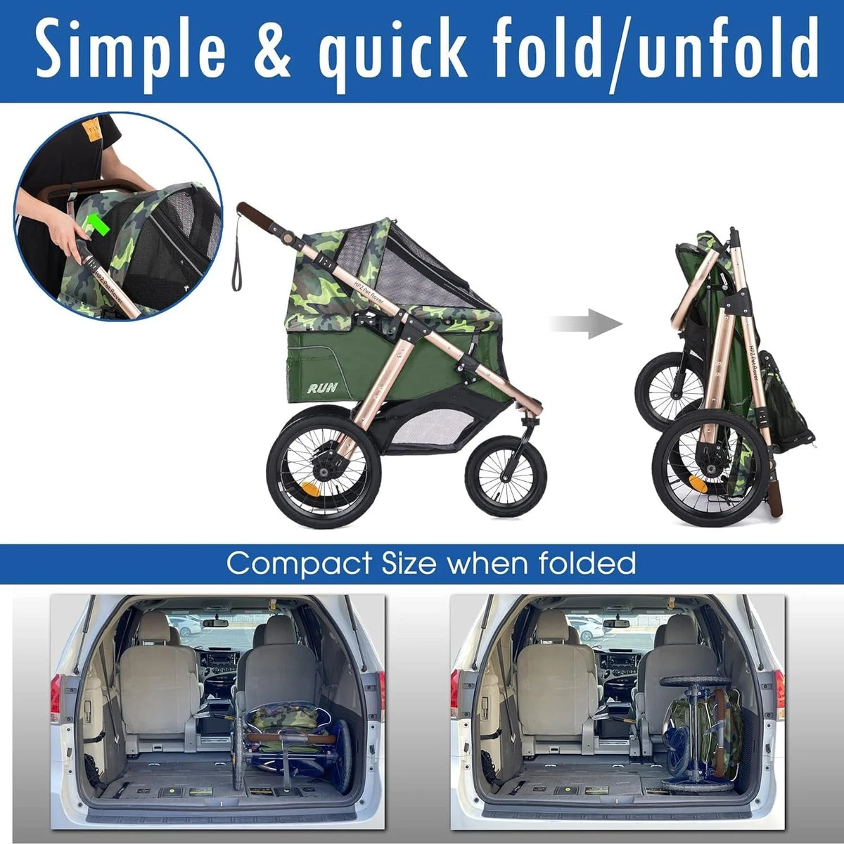 2026 NewJogging Sports Stroller with Comfort Rubber Wheels/Zipper-Less Entry/1-Hand Quick Fold/Aluminum Frame for Small/Medium Dogs, Cats and Pets (Green Camo)