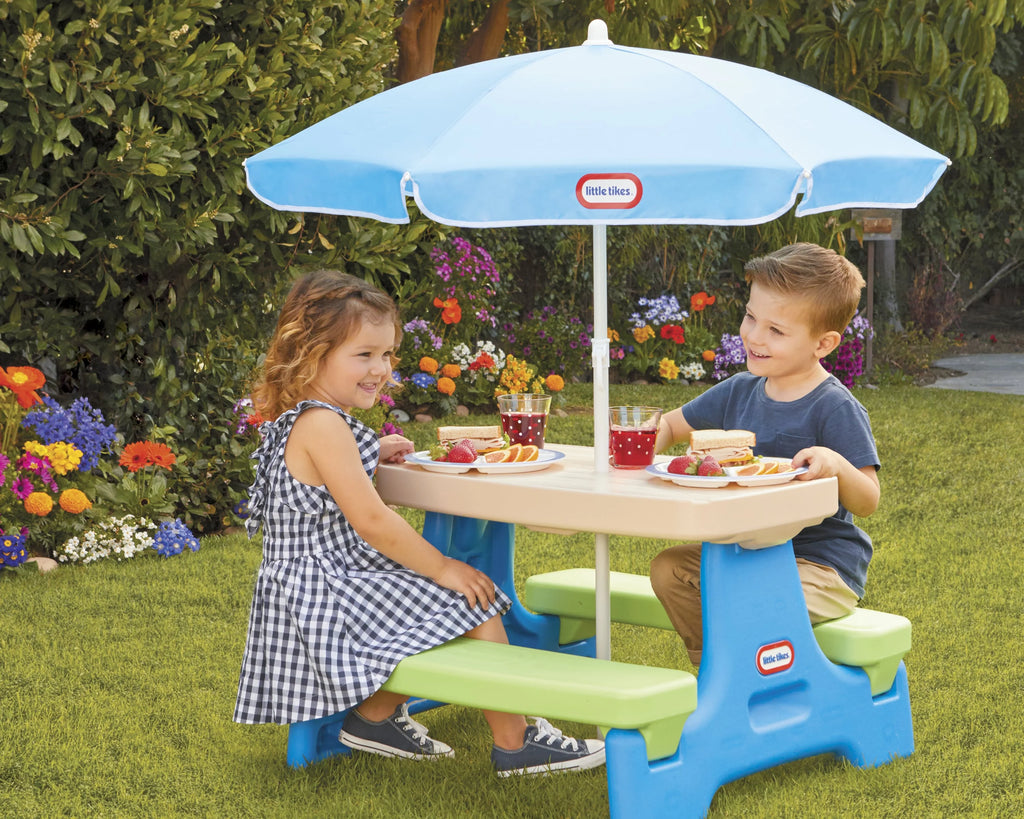 2026 NewLittle Tikes Easy Store Kids Durable Picnic Table with Umbrella, Indoor Outdoor, Ages 2+
