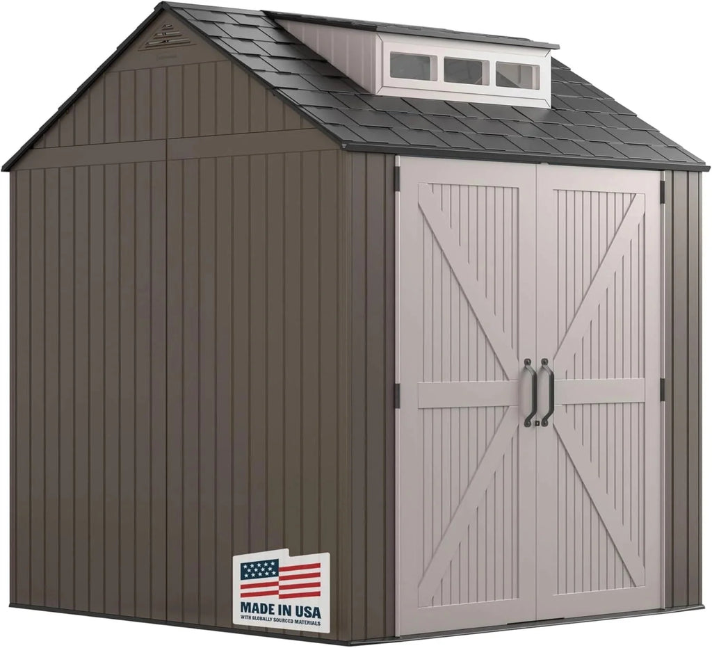 2026 NewRubbermaid resin garden shed with floor (2.13 x 2.13 m), weatherproof, grey, for storing garden tools, lawnmowers, bicycles and pool accessories