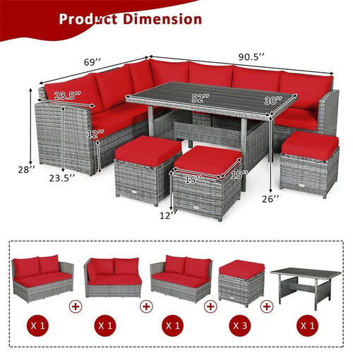 2026 New7 Pcs Rattan Patio Dining Furniture Sectional Sofa Set with Dining Table, Ottomans & Cushions