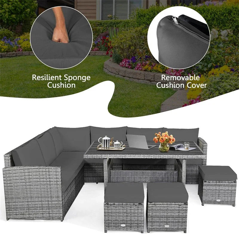 2026 New7 Pcs Rattan Patio Dining Furniture Sectional Sofa Set with Dining Table, Ottomans & Cushions