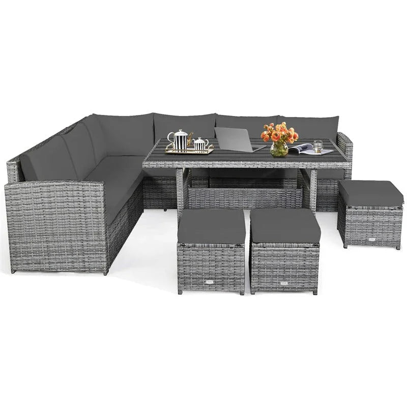 2026 New7 Pcs Rattan Patio Dining Furniture Sectional Sofa Set with Dining Table, Ottomans & Cushions