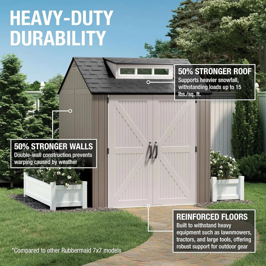 2026 NewRubbermaid resin garden shed with floor (2.13 x 2.13 m), weatherproof, grey, for storing garden tools, lawnmowers, bicycles and pool accessories