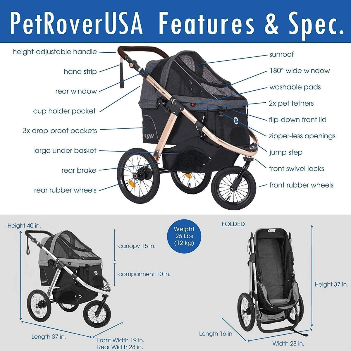 2026 NewJogging Sports Stroller with Comfort Rubber Wheels/Zipper-Less Entry/1-Hand Quick Fold/Aluminum Frame for Small/Medium Dogs, Cats and Pets (Green Camo)