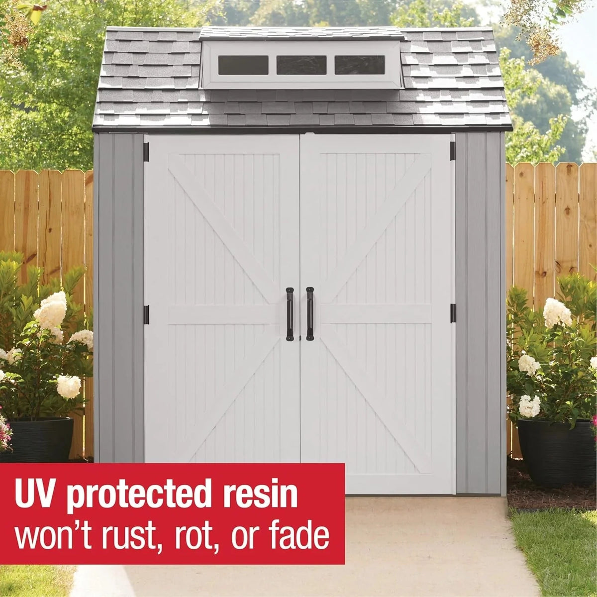 2026 NewRubbermaid resin garden shed with floor (2.13 x 2.13 m), weatherproof, grey, for storing garden tools, lawnmowers, bicycles and pool accessories