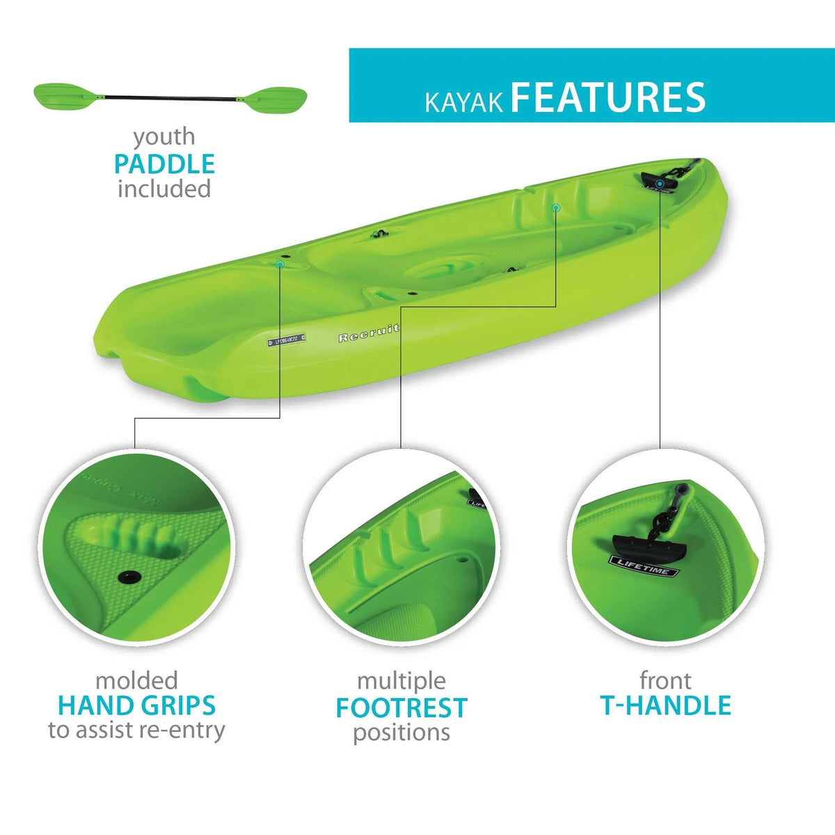 2026 NewLifetime Recruit 6.5 ft Youth Sit-on-Top Kayak, Lime Green (90765)