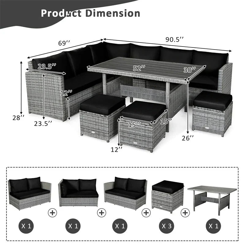 2026 New7 Pcs Rattan Patio Dining Furniture Sectional Sofa Set with Dining Table, Ottomans & Cushions