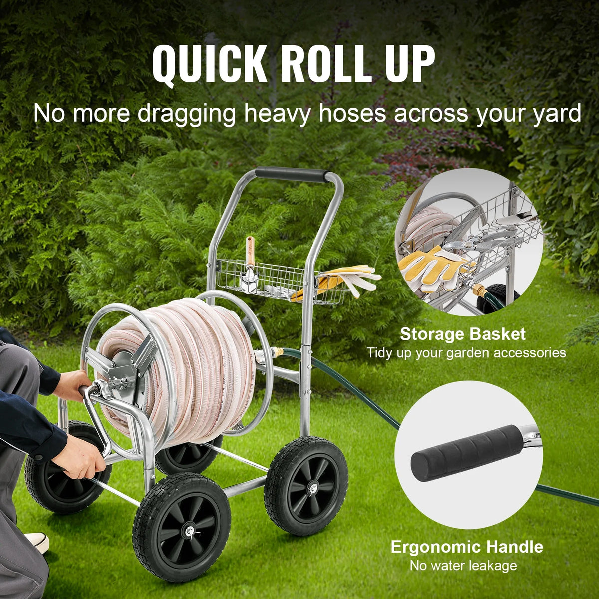 2026 NewVEVOR Hose Reel Cart, Hold Up to 250 ft of 5/8???? Hose, Garden Water Hose Carts Mobile Tools with 4 Wheels, Heavy Duty Powder-coated Steel Outdoor Planting with Storage Basket, for Garden, Yard, Lawn