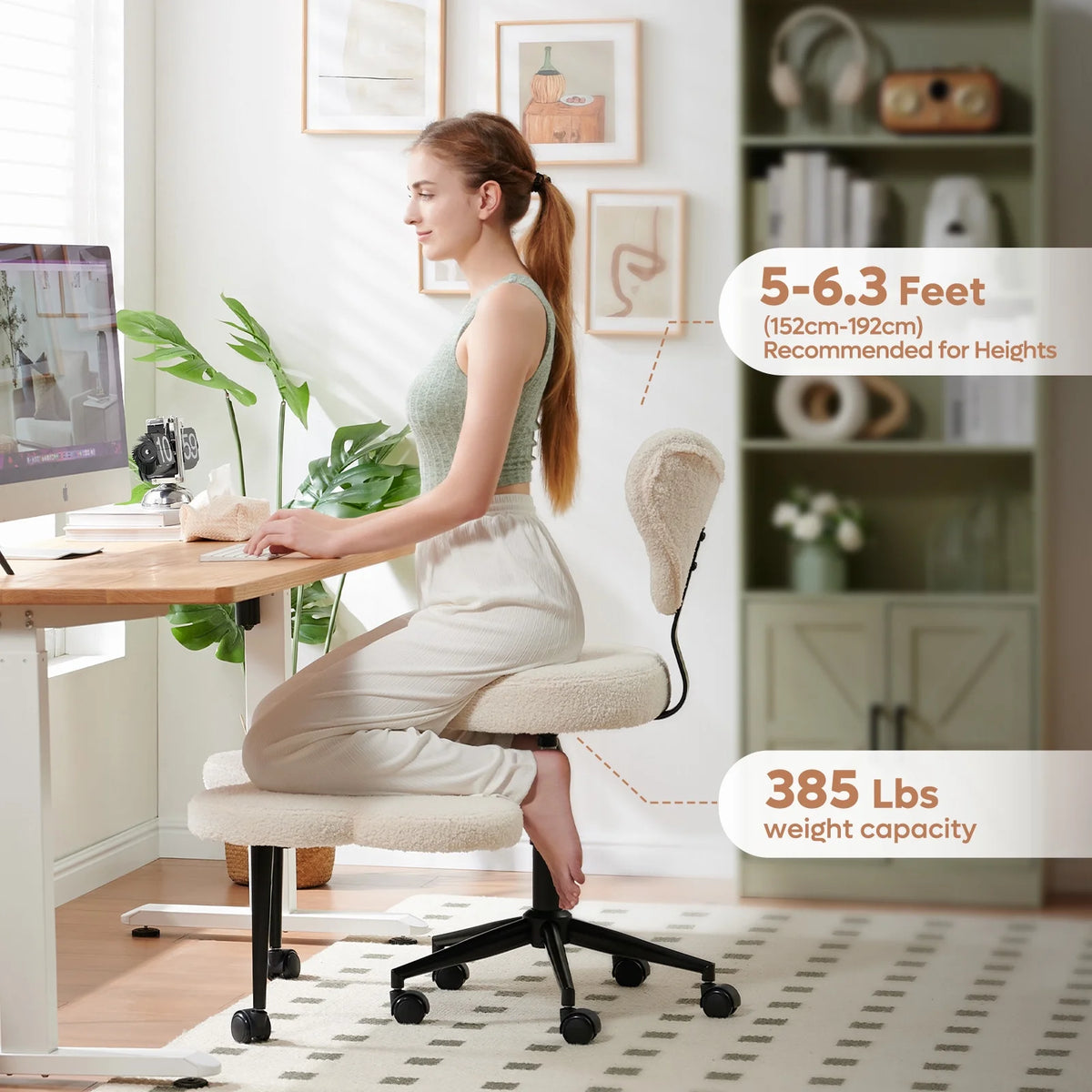 2026 NewPinmoco Ergonomic Cross Legged Swivel Chair, Adjustable Height and Teddy Fabric, Meditation& ADHD Chair with Back Support, Home and Office, Off White