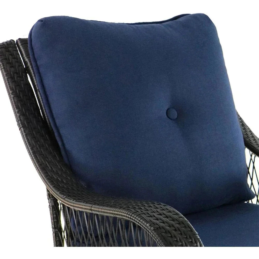 2026 New2025 5-piece steel patio fire pit seating set with navy blue cushions, swivel gliders and square fire pit table