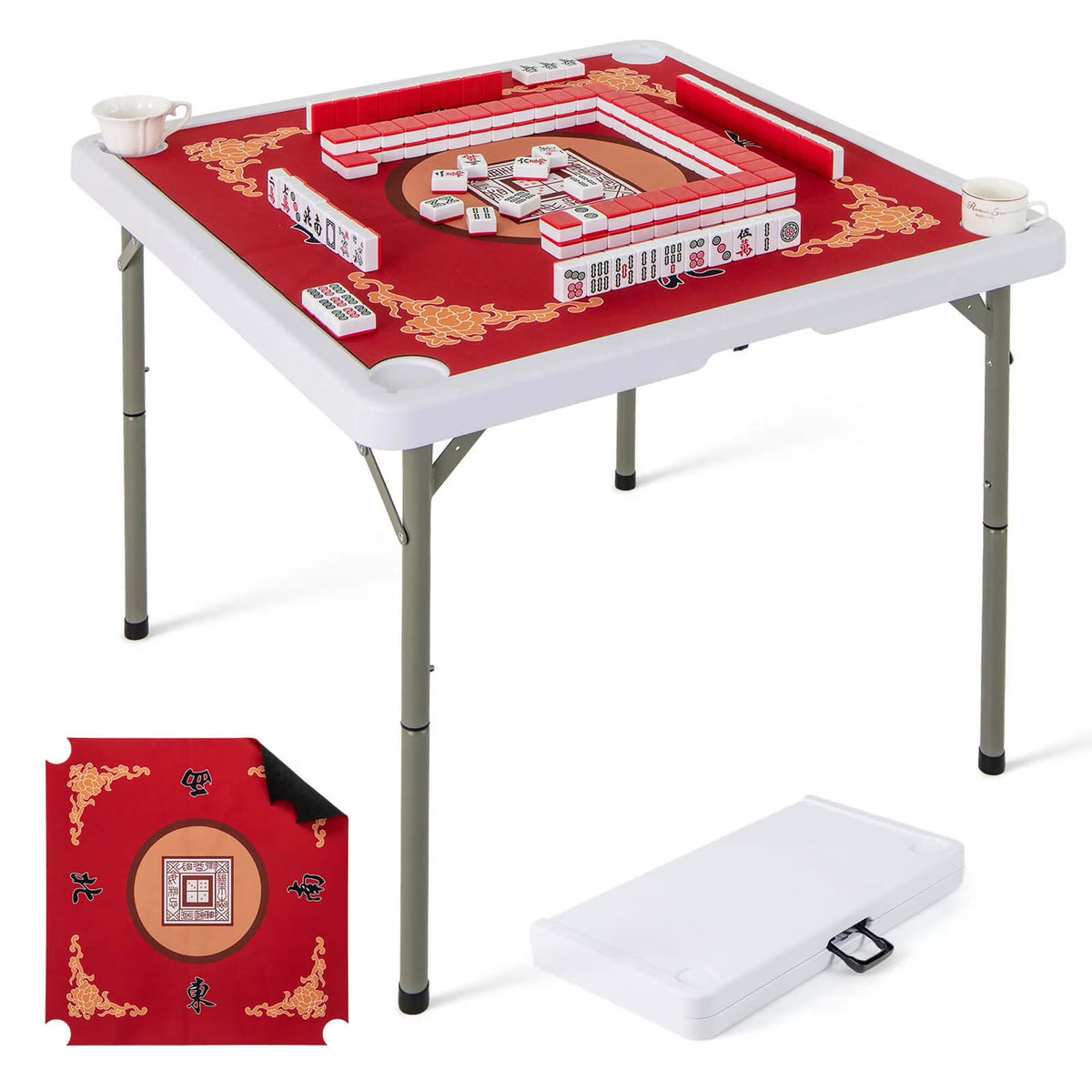 2026 NewCostway 35" Folding Mahjong Table with Cup Holders & Smooth Felt Mat Carrying Handle Green