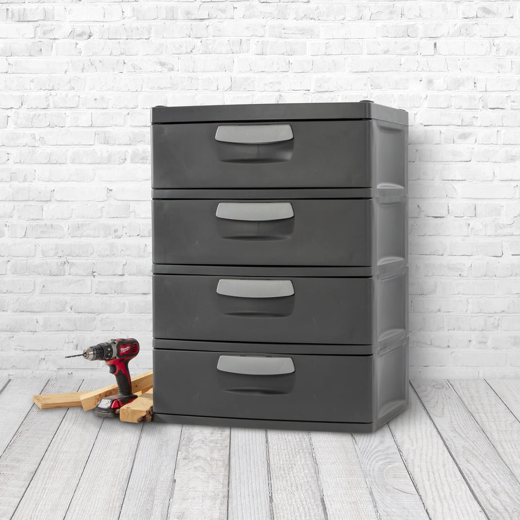 2026 NewSterilite 4 Drawer Unit, Durable Plastic Storage Solution for Garages and Basements, Dark Gray