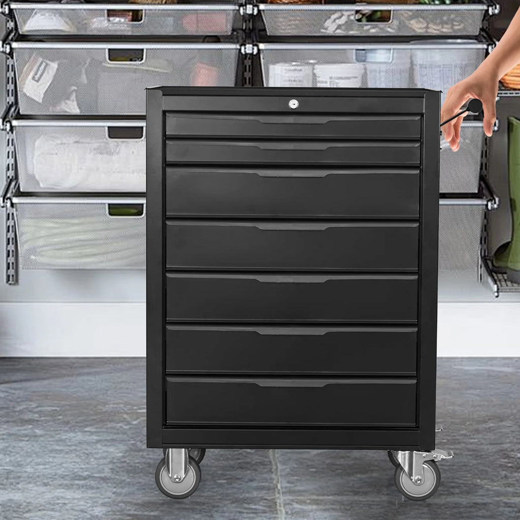 2026 New7-Drawer Rolling Tool Chest Cabinet, Large Capacity Metal Tool Box with Wheels and Cylinder Locking, Roll Around Storage Organizer Tool Cart for Garage, Warehouse, Work Shop - Black