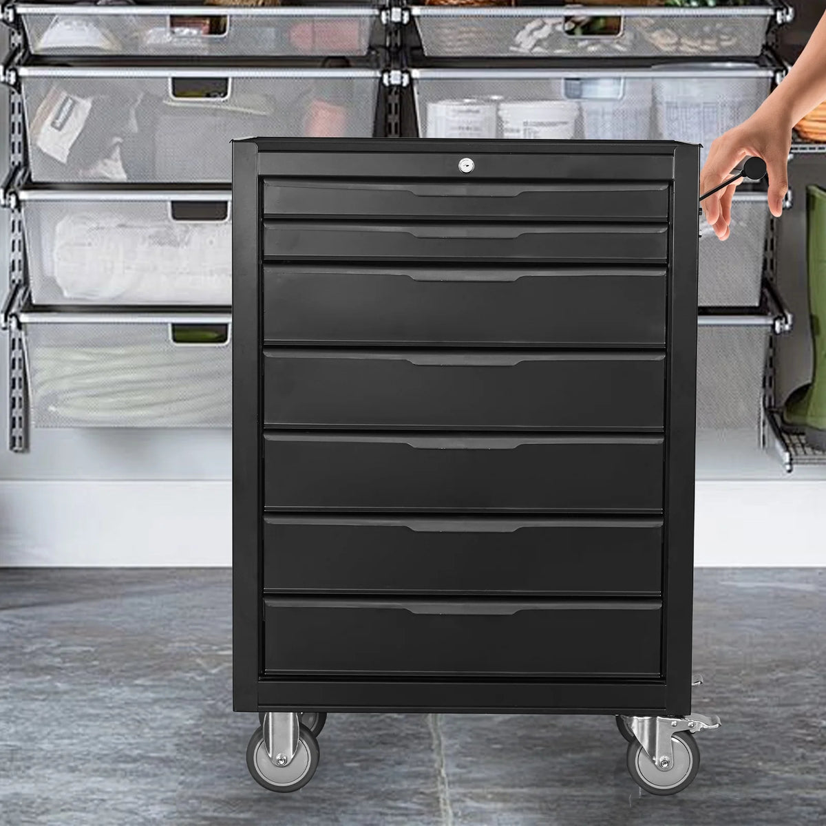 2026 New7-Drawer Rolling Tool Chest Cabinet, Large Capacity Metal Tool Box with Wheels and Cylinder Locking, Roll Around Storage Organizer Tool Cart for Garage, Warehouse, Work Shop - Black