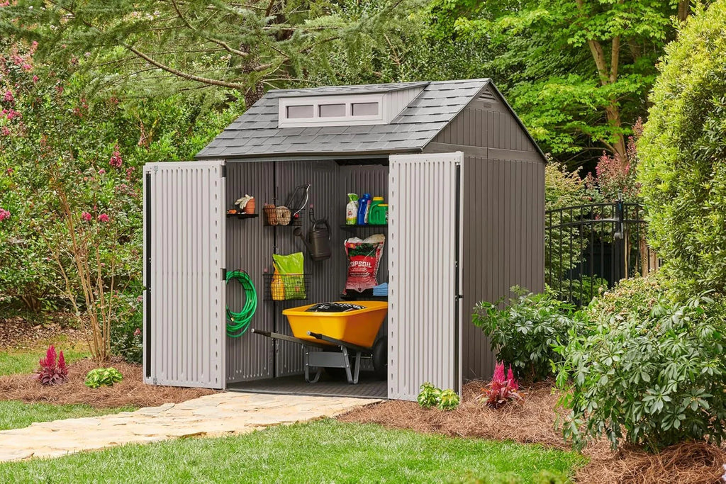 2026 NewRubbermaid resin garden shed with floor (2.13 x 2.13 m), weatherproof, grey, for storing garden tools, lawnmowers, bicycles and pool accessories