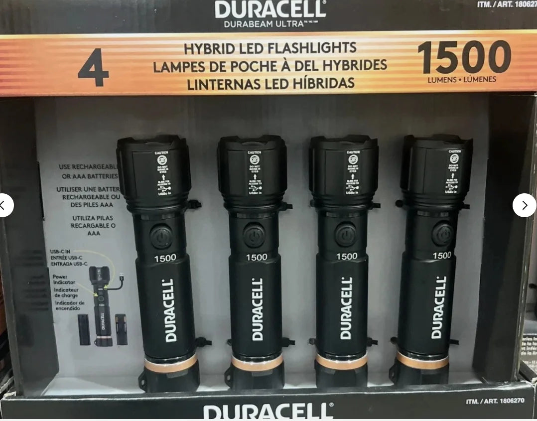 2026 NewDuracell Hybrid Flashlight, 1500 Lumens, 4-count