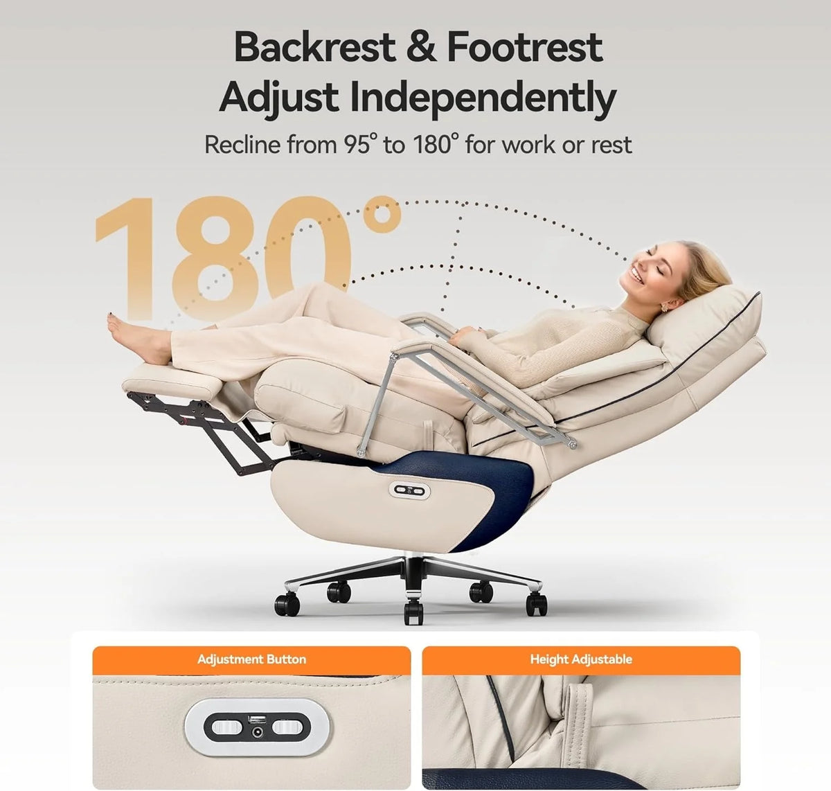 2026 NewM80 executive chair with two motors and footrest, for tall and heavy people, up to 190 kg, beige