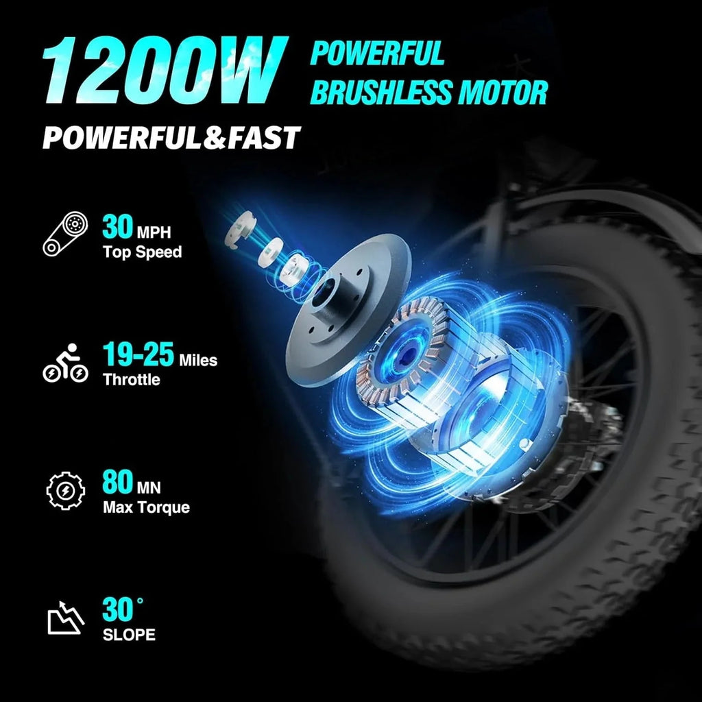 2026 NewRidstar electric bicycle for adults, 1200 W, 48 km/h mountain bike, 48 V 15.6 Ah battery, 20" fat bike tires, 7-speed full suspension