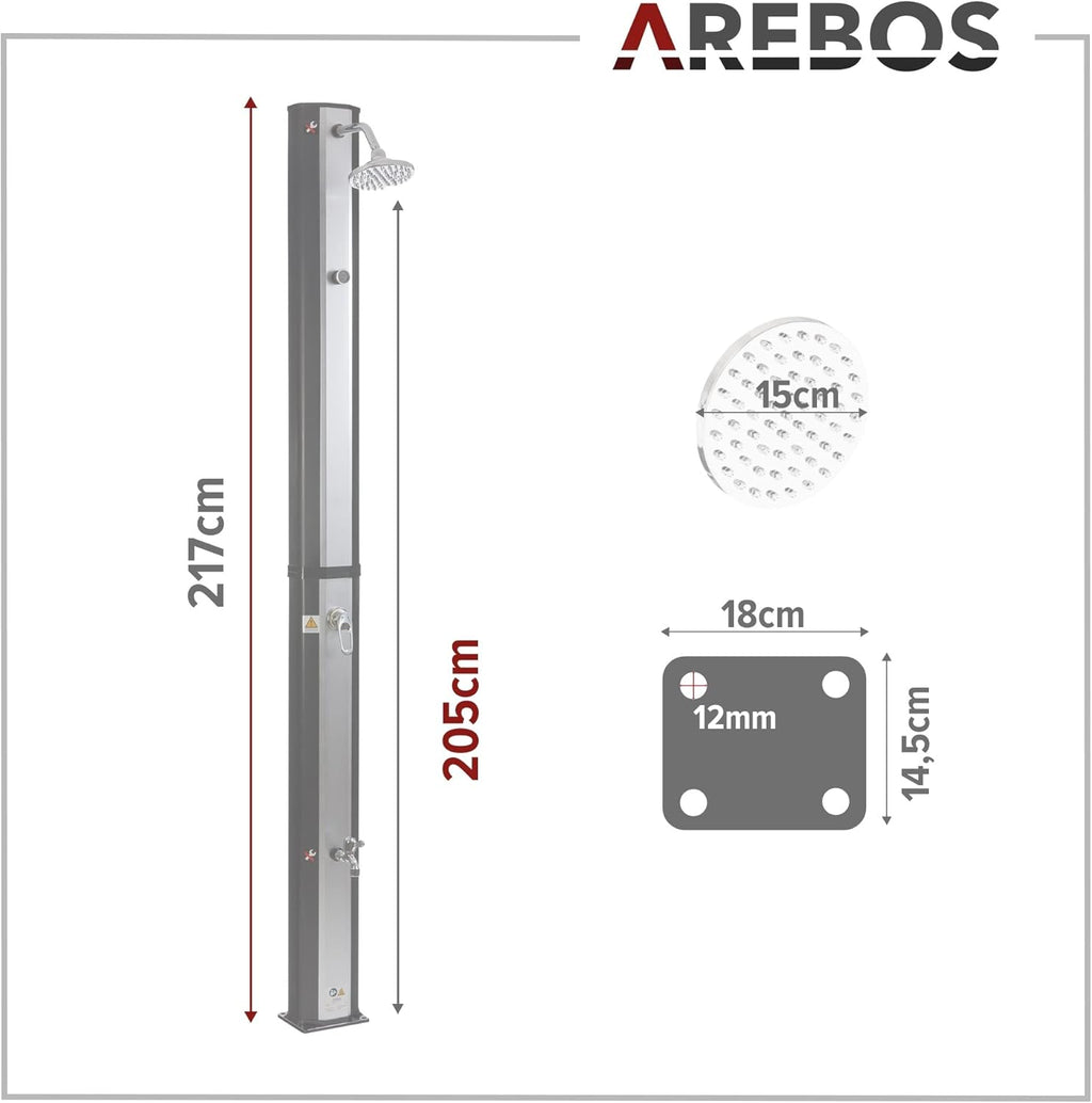 2026 Arebos Ducha Solar | 35 litros | 216cm | con termómetro Integrado | Incl.Portada | Cabezal de Ducha Redondo | con Ducha de pies | Ducha de jardín con conexión para Manguera de jardín | Negro