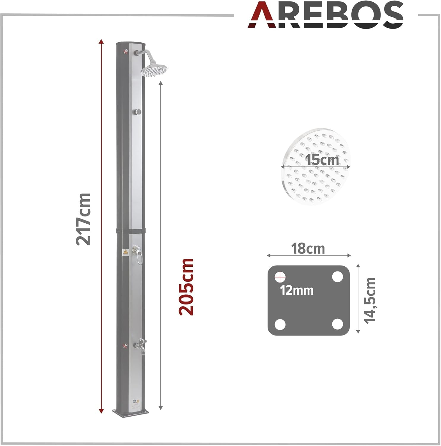 2026 Arebos Ducha Solar | 35 litros | 216cm | con termómetro Integrado | Incl.Portada | Cabezal de Ducha Redondo | con Ducha de pies | Ducha de jardín con conexión para Manguera de jardín | Negro