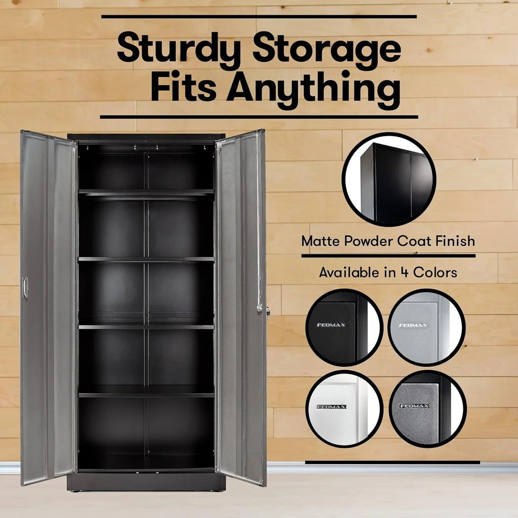 2026 NewHeavy Duty Metal Garage Locker - 71 "tall large steel multipurpose locker with adjustable shelves and door locks - black and silver