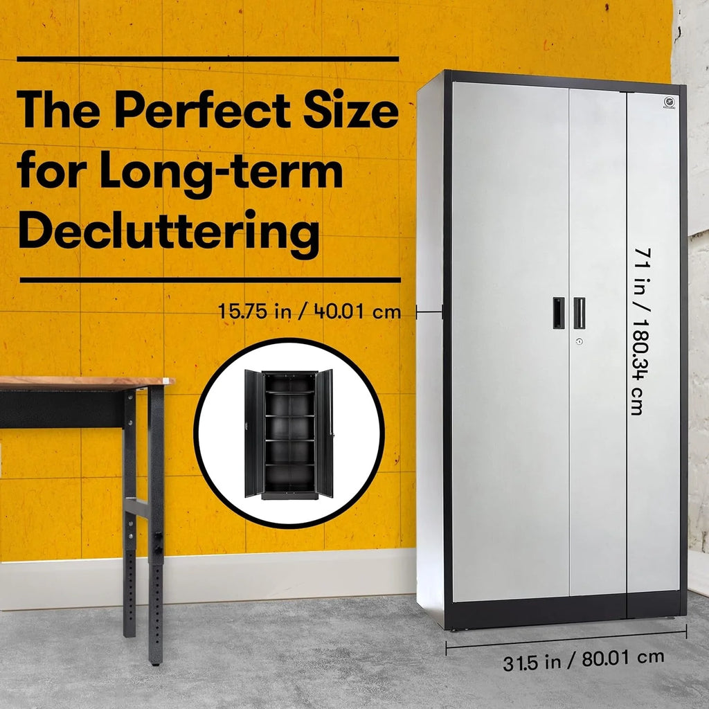 2026 NewHeavy Duty Metal Garage Locker - 71 "tall large steel multipurpose locker with adjustable shelves and door locks - black and silver