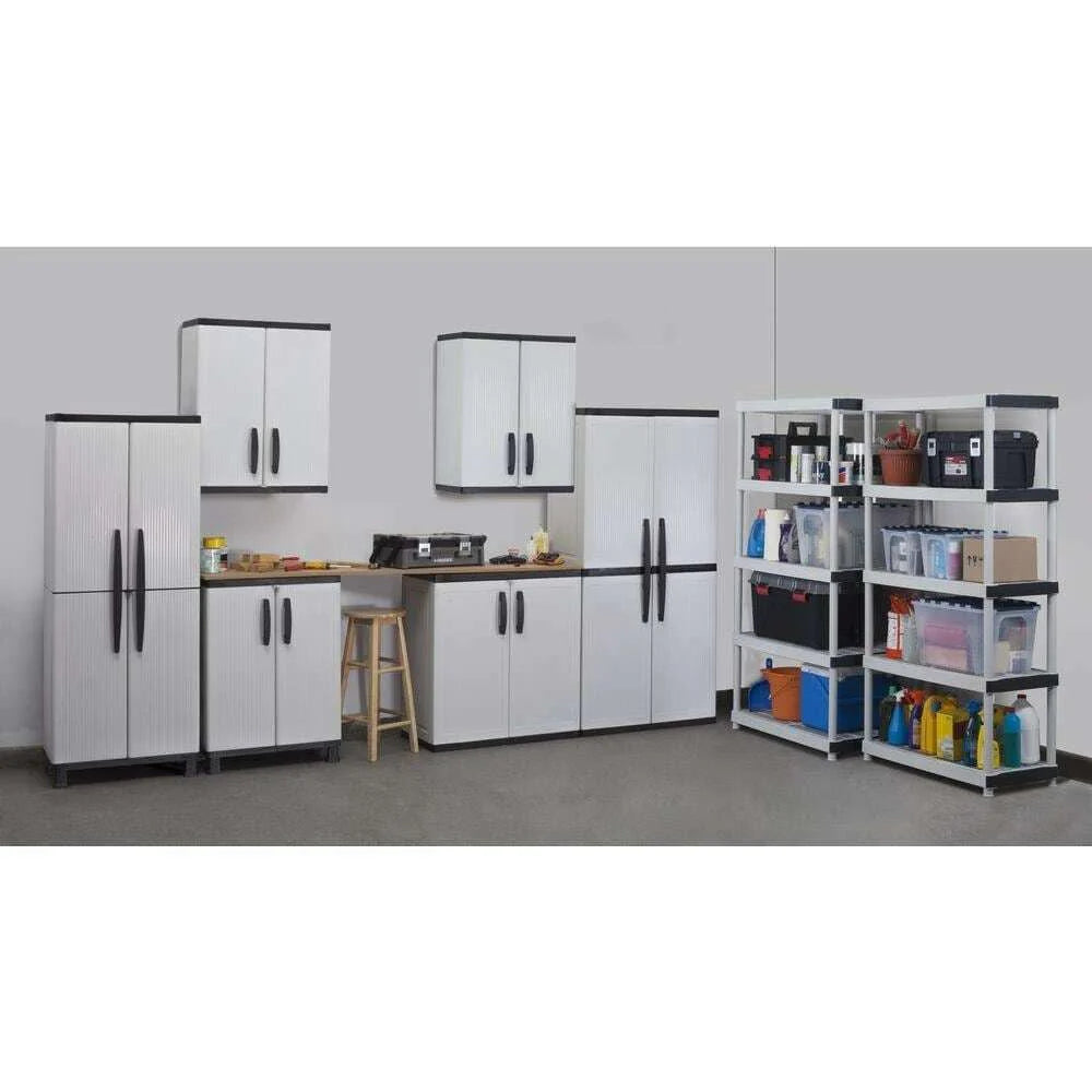 2026 NewFreestanding garage cabinet made of grey plastic, model 2025, 89 cm W x 180 cm H x 46 cm D, with adjustable shelves and lockable doors.