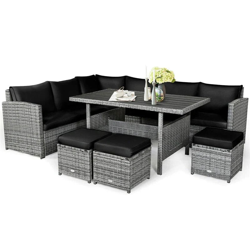2026 New7 Pcs Rattan Patio Dining Furniture Sectional Sofa Set with Dining Table, Ottomans & Cushions