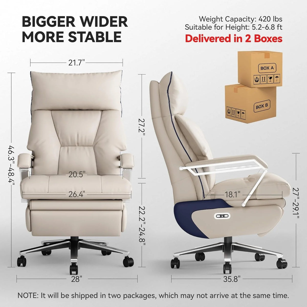 2026 NewM80 executive chair with two motors and footrest, for tall and heavy people, up to 190 kg, beige