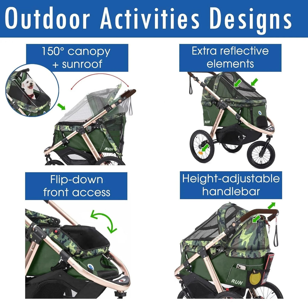 2026 NewJogging Sports Stroller with Comfort Rubber Wheels/Zipper-Less Entry/1-Hand Quick Fold/Aluminum Frame for Small/Medium Dogs, Cats and Pets (Green Camo)