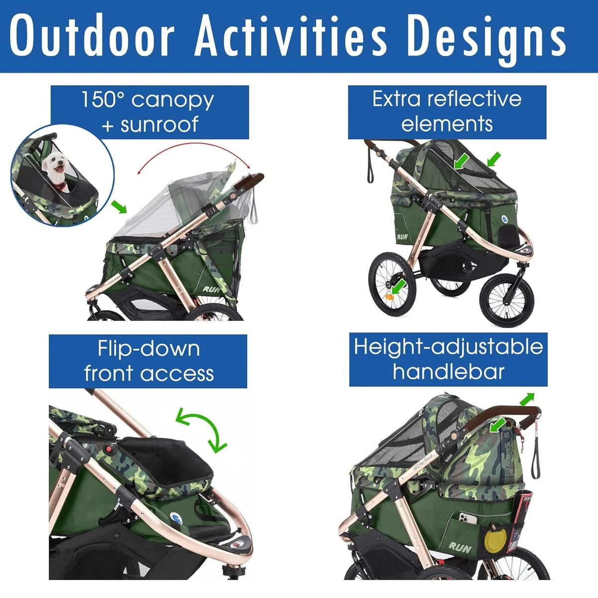 2026 NewJogging Sports Stroller with Comfort Rubber Wheels/Zipper-Less Entry/1-Hand Quick Fold/Aluminum Frame for Small/Medium Dogs, Cats and Pets (Green Camo)