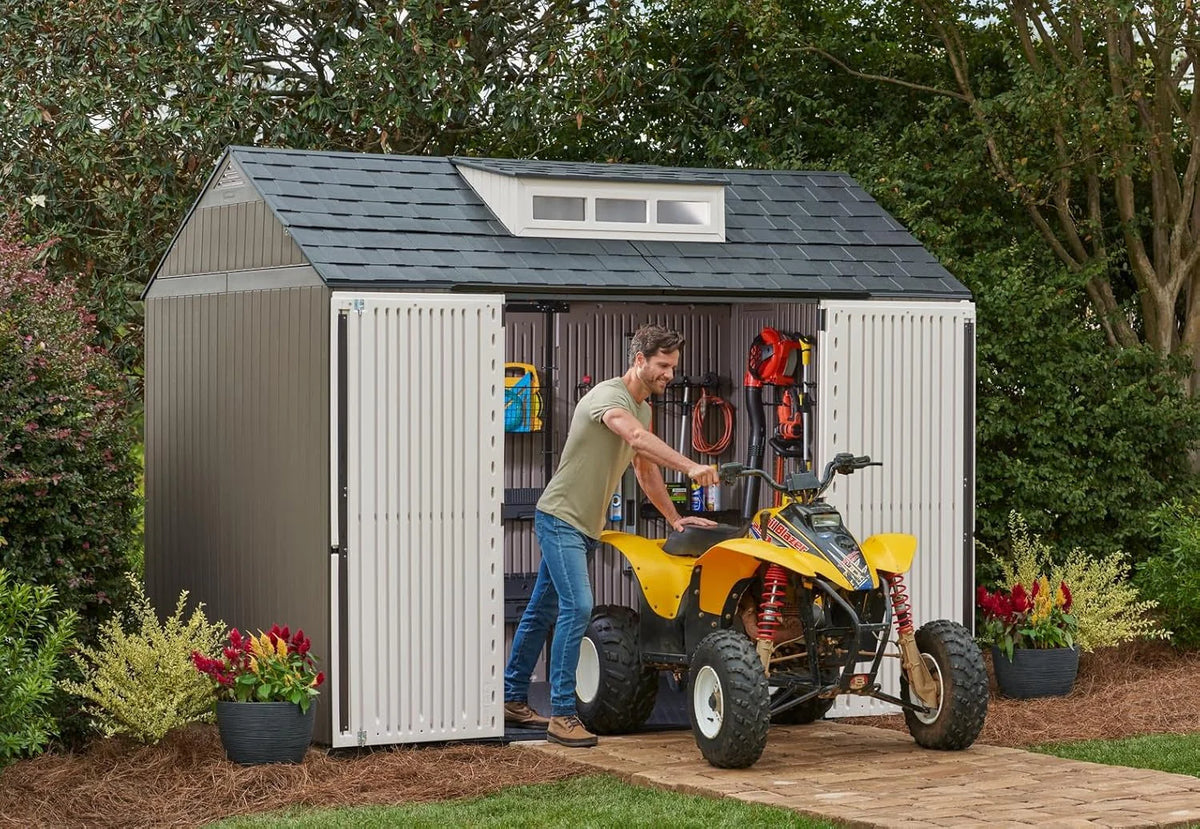 2026 NewRubbermaid resin garden shed with floor (2.13 x 2.13 m), weatherproof, grey, for storing garden tools, lawnmowers, bicycles and pool accessories