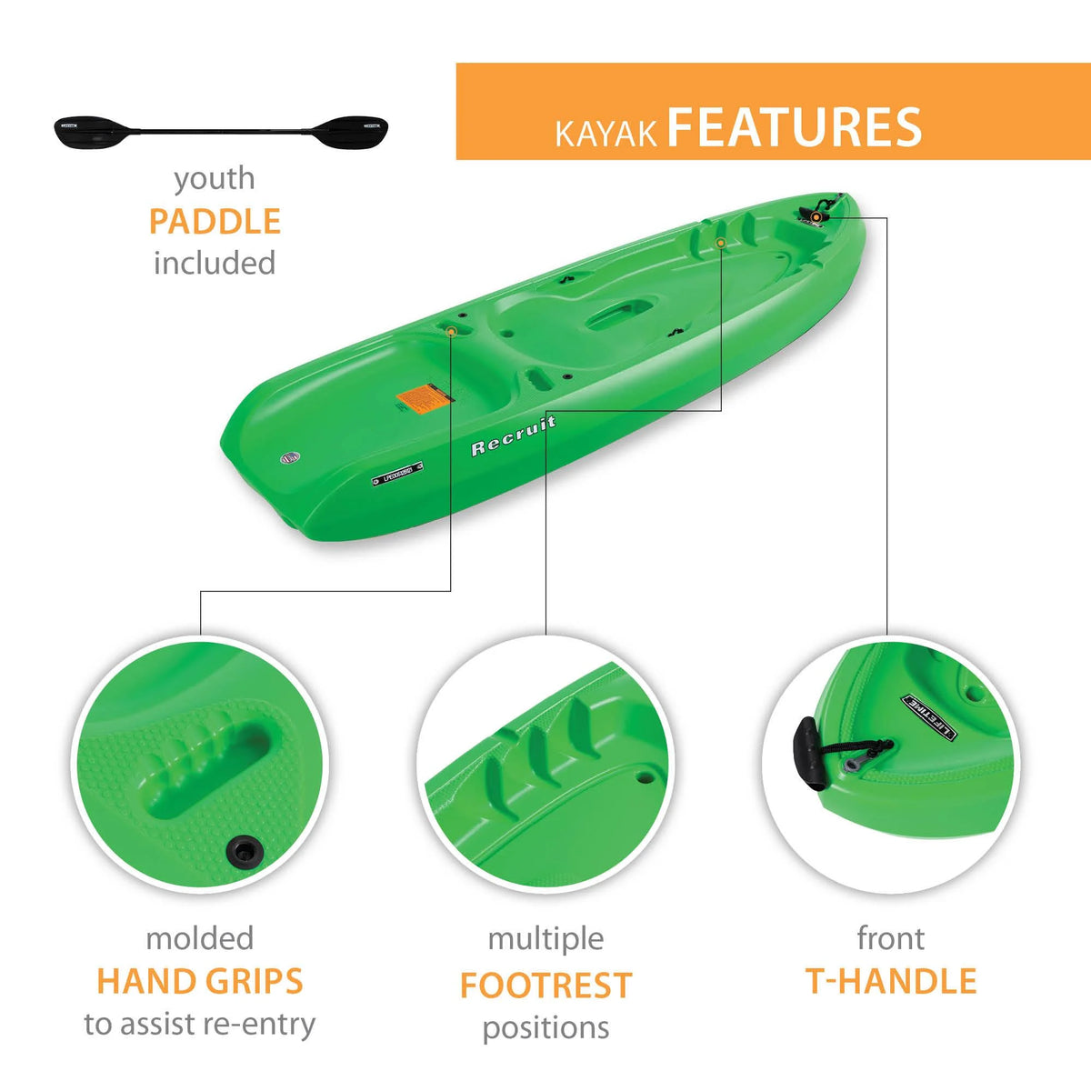 2026 NewLifetime Recruit 6.5 ft Youth Sit-on-Top Kayak, Lime Green (90765)